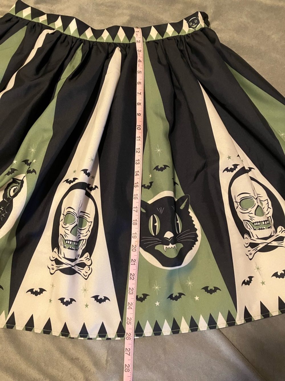 The Oblong Box Shop Halloween skirt in green and black with cats owls skulls - Picture 9 of 9
